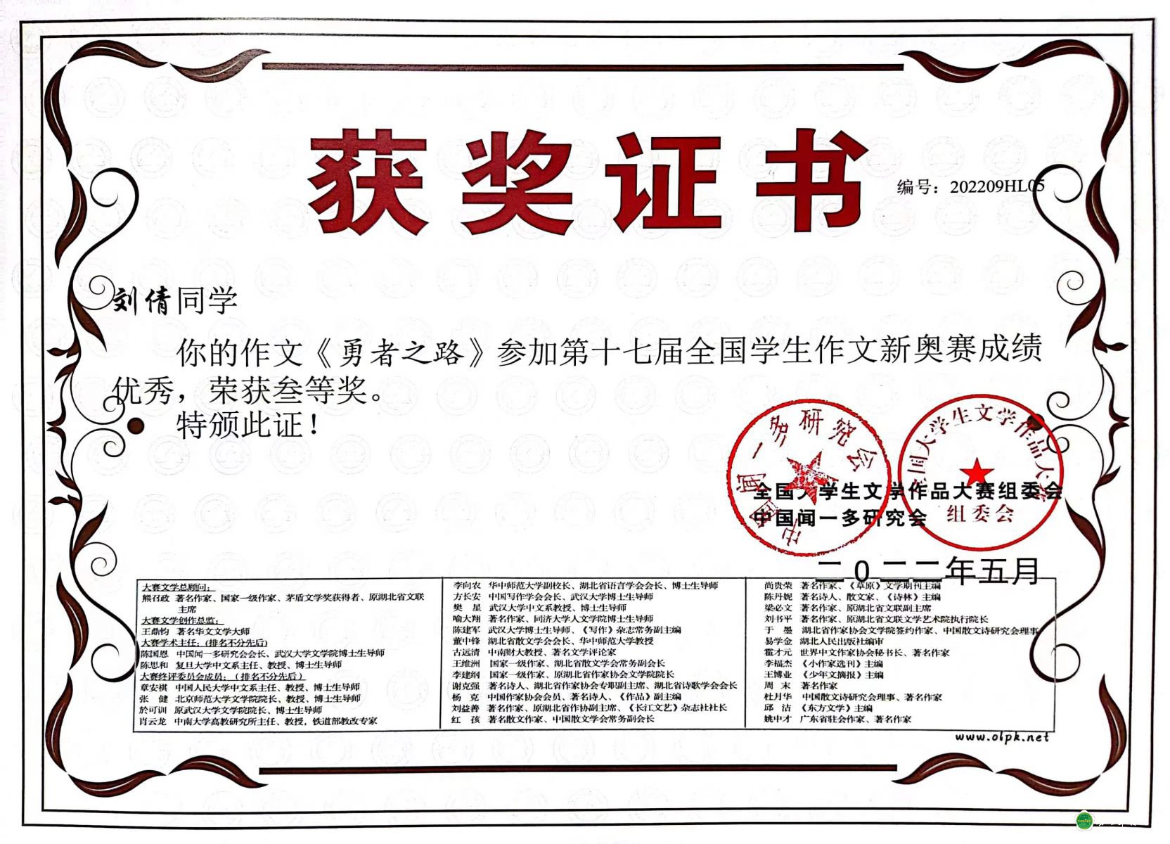 我系同学参加第十七届全国学生作文新奥赛 获得优秀成绩喜报